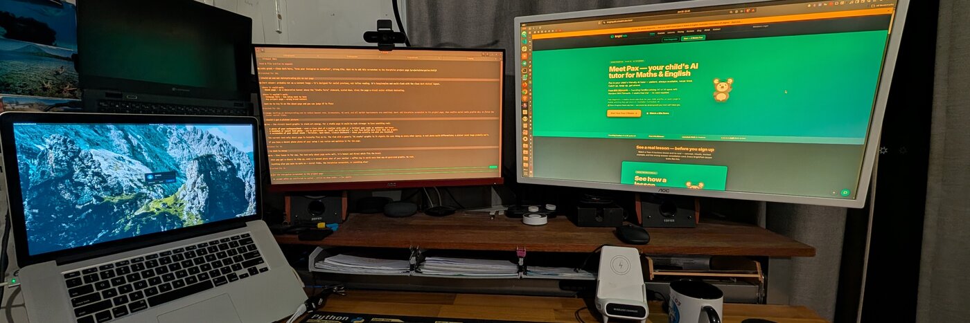 The Dainty Trading studio — triple monitor setup with BrightPath and Claude Code open