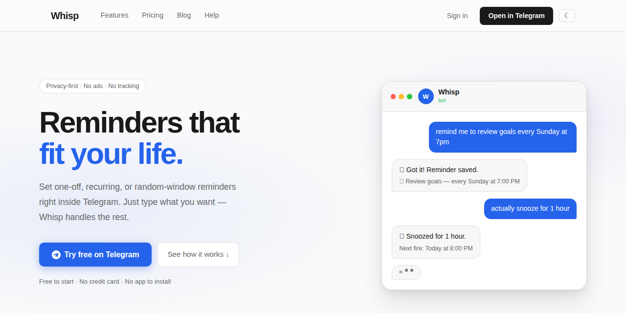 Whisp reminder bot screenshot